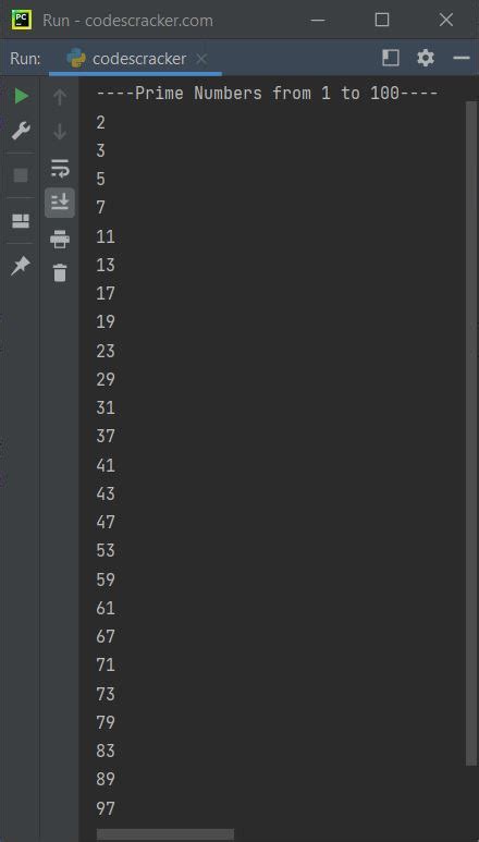 Python Program to print Prime Numbers from 1 to 100.